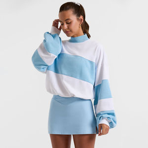 Sweat-shirt à col montant pour femme, coupe ample, épaules tombantes, color block bleu clair et blanc, en molleton - Product Image 1