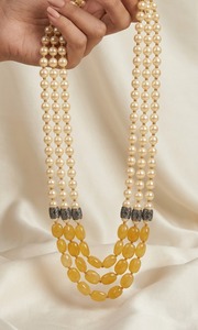 Luxury 3 Layer Pearl & Yellow Jade <b>Beaded</b> <b>Necklace</b> Handmade Gold Plated Statement Gemstone <b>Necklace</b> for Women Wedding - Product Image 4
