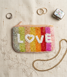 Beaded Love Coin Purse With Chain Strap Handmade Rainbow Letter Pattern Zipper Closure <b>Mini</b> Size Unisex Daily Use - Product Image 1