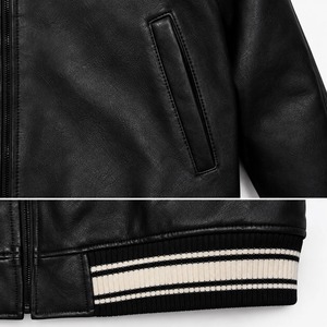 Blouson aviateur en cuir véritable noir pour homme, col rabattu, fermeture éclair, coupe classique, pour l'automne - Product Image 4