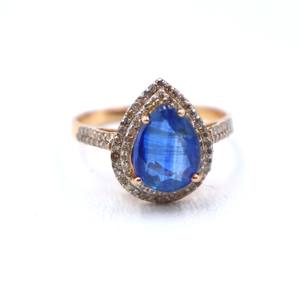 Anillo de Plata de Ley 925 Chapado en Oro Rosa con Piedra Natural de Cianita Azul Intenso, Anillo con Gema de Diamante, Regalo - Product Image 2