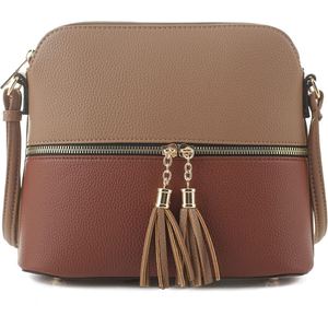 Two Tone PU Leather Crossbody Bag <b>Pebbled</b> Shoulder Purse Adjustable Strap Tassel Accent Daily Commuter Bag for Women - Product Image 1
