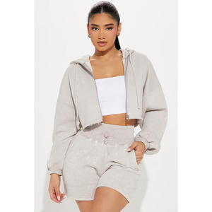 Conjunto de Sudadera Corta y Pantalones Cortos para Mujer, Estilo Desgastado con Lavado Ácido, Corte Holgado, Liso, Tallas Grandes, Algodón Premium, Ropa Urbana - Product Image 6