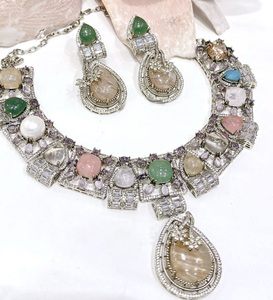 Graceful Premium Quality <b>Silver</b> Plated Handmade Fusion <b>Necklace</b> <b>Set</b> with Earrings for Wedding & Party Wear Collection - Product Image 2