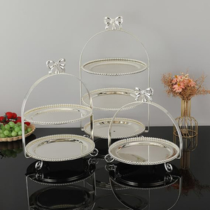 Support à dessert en forme de nœud argenté avec pieds en spirale, support arqué à deux niveaux pour gâteaux de mariage - Product Image 3