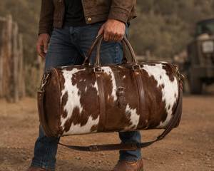 Oval Duffle Bag Cowhide Leather Brown White Unisex Travel Shoulder Strap Zipper Closure Utility Pocket 20-36L Capacity - Product Image 2