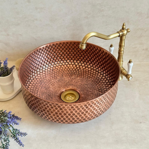 Handmade Hammered Copper Eco-Friendly Classic Vessel Sink Luxury <b>Round</b> Bathroom Wash <b>Basin</b> for Vanity Countertop Installation - Product Image 5