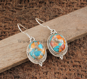 Boucles d'oreilles pendantes en argent sterling 925 avec coquille d'huître naturelle, cuivre, turquoise et pierres précieuses composites orange et bleues, style bohème, vente en gros - Product Image 1