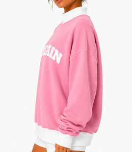 Pink <b>White</b> Mock Neck <b>Sweatshirt</b> with Large <b>White</b> Arched Front Lettering Long Sleeves Contrast Cuff Hem Trim Custom Logo Clothing - Product Image 2