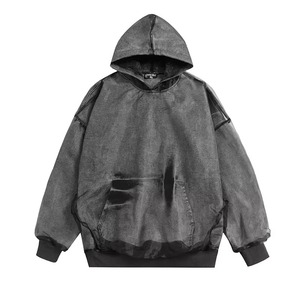 Sudadera con capucha de algodón desgastado para hombre - Estilo urbano, de felpa, oversize, pesada, vintage, con bolsillo canguro - Product Image 3