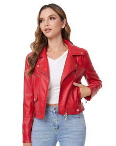Chaqueta de Motociclista de Cuero Sintético Rojo para Mujer, Manga Larga, Cierre de Cremallera, Cuello Camisero, Estilo Otoñal - Product Image 1