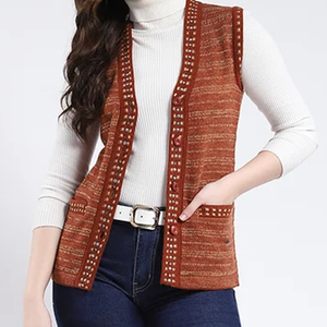 Gilet sans manches en tricot pour femme, col en V, motif rayé, fermeture à boutons, vêtements décontractés d'automne, 100% acrylique - Product Image 5