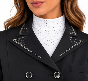 Veste d'équitation pour femme noire à double boutonnage, ornée de strass, vêtement de concours sur mesure pour les concours hippiques - Product Image 2