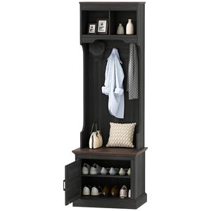 Mobile ingresso 3-in-1 in finto legno nero con appendiabiti a 5 ganci, panca e scarpiera - Product Image 1