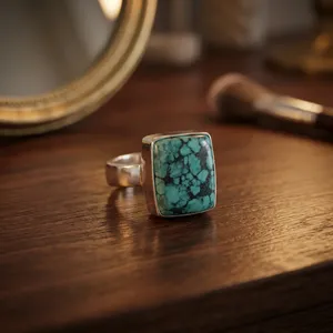 Anillo de Plata de Ley 925 con Turquesa Tibetana, Joyería Hecha a Mano, Gema Rectangular Azul Verde, Estilo Bohemio Vintage - Product Image 5