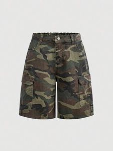 Camouflage Cargo Shorts Men 100% Cotton Mid Rise Elastic Waist Button Fly Utility <b>Summer</b> <b>Pants</b> - Product Image 6