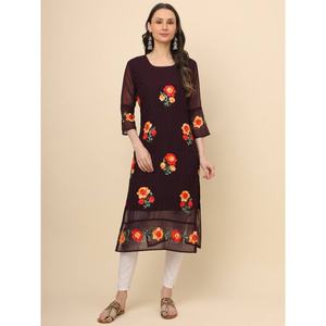 FANCY GEORGETTE LUCKNOWI CHICKENKARI TRABAJA SOLO KURTI MAROON - Product Image 1