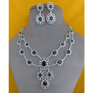 Glamorous Best Quality Trendy Designer Brass <b>Silver</b> Plated Zircon Stones <b>Necklace</b> Earrings <b>Set</b> Engagement Wedding Party Wear - Product Image 2