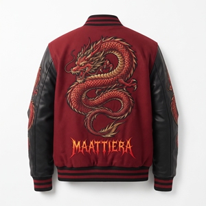 Blouson bomber pour homme avec broderie de dragon rouge, manches en cuir noir, veste de mode streetwear personnalisée - Product Image 3