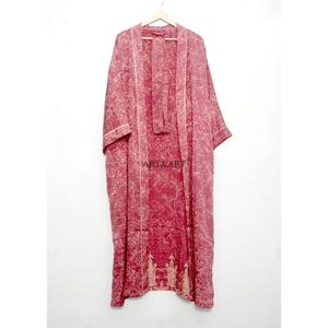 Robe longue élégante en soie indienne à col en V et manches trois-quarts, style bohème, patchwork floral, respirante, douce, avec cordon de serrage pour femme - Product Image 2