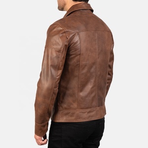 Chaqueta de cuero para hombre, estilo motero, color marrón, con cuello y puños tipo camisa, dobladillo abierto, totalmente personalizable. - Product Image 3