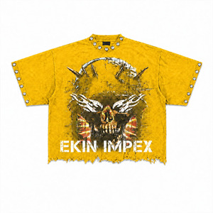 เสื้อยืดผู้ชายสไตล์พังก์สีเหลืองของ Ekin Impex ลายหัวกะโหลก ประดับหมุดโลหะ ชายเสื้อแบบทำสีซีด แขนสั้น เสื้อลำลอง - Product Image 1