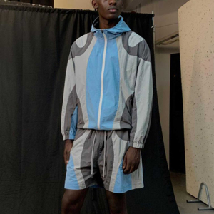 Custom Men's Tracksuit Polyester Windbreaker Zipper <b>Jacket</b> and Jogger Shorts Set Patchwork Nylon Lightweight Sports Tracksuit - Product Image 3