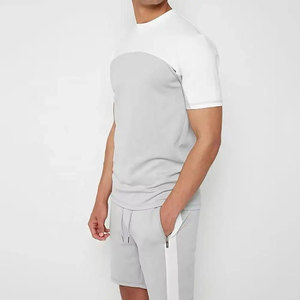 Ensemble décontracté pour homme : T-shirt à manches courtes col rond bicolore blanc et gris avec short assorti, tricoté, pour entraînement et fitness en extérieur - Product Image 4