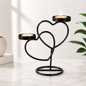 Double Heart Iron Candle Stand <b>Black</b> Metal Holder for Home Decoration Valentine's Day Use Heat Resistant Design - Product Image 1