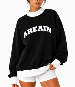 Custom Logo Women's Oversized <b>Mock</b> Neck Sweatshirt 100% Cotton Lightweight Breathable Drop Shoulder Casual Pullover - Product Image 6