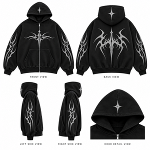 Sweat à capuche zippé personnalisé avec logo, effet délavé, noir, motif géométrique vintage, coton 350 g/m², hiver, poche avant, coupe classique, homme, service OEM - Product Image 1