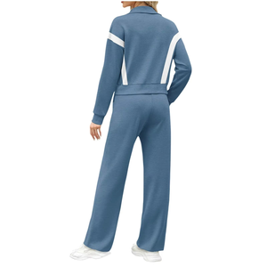 Nouvel ensemble de survêtement rayé bleu tendance avec veste zippée et pantalon – Vêtements de sport pour femme de qualité supérieure – Vente en gros OEM/ODM - Product Image 2