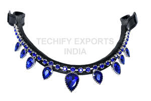 Frontal de cheval haut de gamme en cuir noir avec strass en cristal bleu, frontal incurvé pour bride anglaise, équipement équestre - Product Image 2