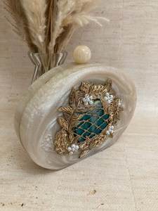 Handmade Resin Clutch with Metal Handle and Flower Embellishments <b>Unique</b> Resin <b>Handbag</b> with Intricate Floral Design - Product Image 5