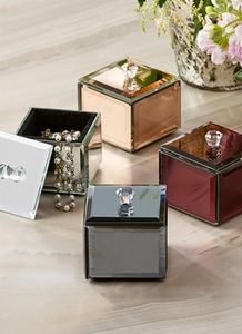 <b>Mirrored</b> Glass Jewelry <b>Storage</b> Box Set <b>with</b> Crystal Knob Beveled Edges Glossy Finish Soft Lining Decorative Keepsake Organizer - Product Image 1