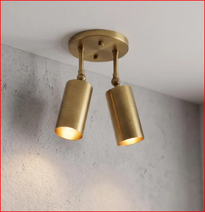 Modern Brass Flush Mount <b>Ceiling</b> <b>Light</b>, Dual Cylindrical <b>Shades</b>, Low Profile <b>Light</b> Fixture - Product Image 2