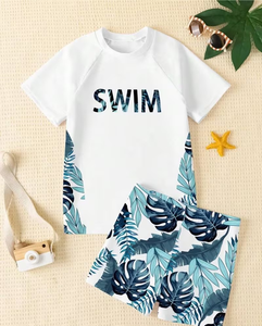 White Swim Letter Print Boy's T-Shirt and Shorts Set Casual Tropical Leaves Pattern Summer Outfit - Product Image 1