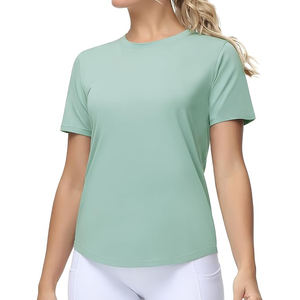 T-shirts d'été à col rond pour femmes, style minimaliste, à carreaux, tissu extensible doux anti-rétrécissement, vente en gros - Product Image 1