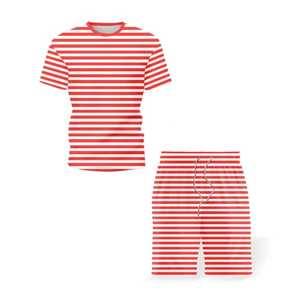Ensemble t-shirt et short rayés rouge et blanc pour homme, col rond, décontracté, respirant, vêtements d'été, coton tricoté - Product Image 1