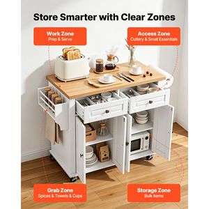 Carrello da Cucina con Isola e Spazio di Archiviazione, Larghezza 43,7 Pollici, Carrello Mobile con Ruote Girevoli, 2 Cassetti e Armadietto in Metallo e Legno - Product Image 4