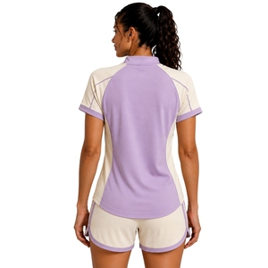 Conjunto deportivo de camiseta y pantalones cortos para mujer, color beige lavanda, con media cremallera, de secado rápido, manga corta, para gimnasio, fitness, correr y entrenamiento. - Product Image 2