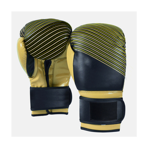 Leather Boxing Gloves Blue Black Yellow Striped Velcro Closure Adjustable Wrist <b>Strap</b> Adult Unisex Training Gear - Product Image 4