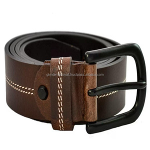 Cinturón Casual de Cuero Marrón de Grano Completo, Curtido Vegetalmente, para Hombre, con Doble Costura y Hebilla de Latón Plateado Negro - Product Image 6