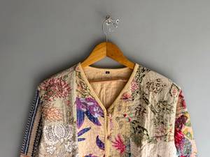 Chaqueta de Algodón con Parches Florales Estilo Bohemio para Mujer, Cuello en V, Botones al Frente, Manga Larga, Prenda Exterior Informal con Bolsillos de Parche - Product Image 4
