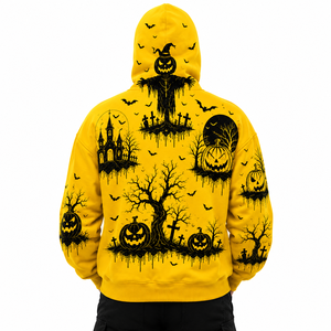 Sudadera con capucha y cremallera completa con estampado gráfico de Halloween amarillo al por mayor, sudadera con capucha extragrande con cubre rostro, sudadera con capucha de calabaza espantapájaros - Product Image 4