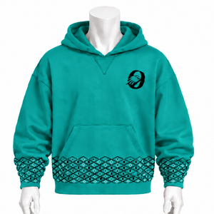 Sweat-shirt à capuche en molleton épais bleu sarcelle avec bordure brodée, poignets et ourlet décoratifs, poche kangourou, style streetwear décontracté - Product Image 1