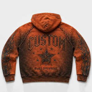 Custom Men's Tie Dye Orange Zip Up Hoodie Rhinestone Flame Sleeve <b>Gothic</b> Star Fleece Lined Bling Streetwear Coats Wholesale Bulk - Product Image 2