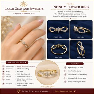 Bague de fiançailles en moissanite plaqué rhodium couleur or, motif fleur infinie, sertie de griffes, pour femme, cadeau, mariage, fête - Product Image 3
