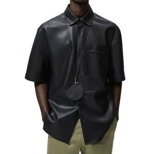 Chemise boutonnée en cuir véritable pour hommes, vêtements décontractés, mode hiver, couleur unie, col montant, chemises pour hommes de qualité supérieure, prix de gros - Product Image 1