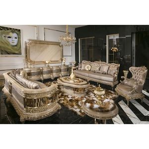 Royal Luxury Solid Teak Wood Upholstered <b>Sofa</b> Set Hand Carved Gold <b>Arabic</b> Majlis 3 Seater Armchairs Center Coffee Table Villa - Product Image 1